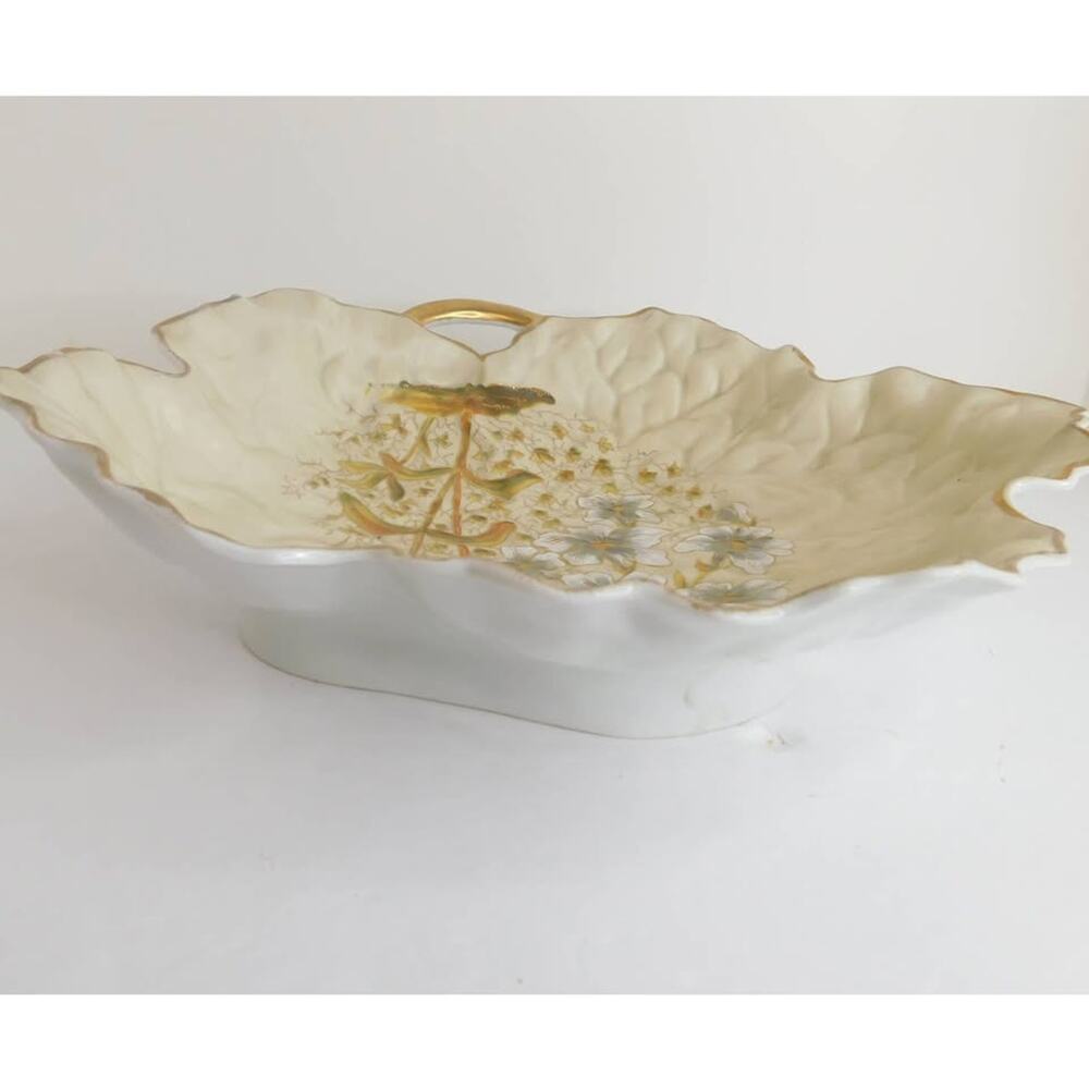 Antique Victoria Carlsbad Austria Porcelain Leaf Platter Gilded Floral Tray - Picture 8 of 11